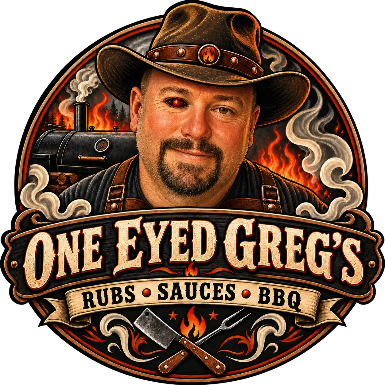 One Eyed Greg's Rubs, Sauces, and BBQ logo featuring a painted portrait of Greg with a deep-red ember glow in his missing right eye